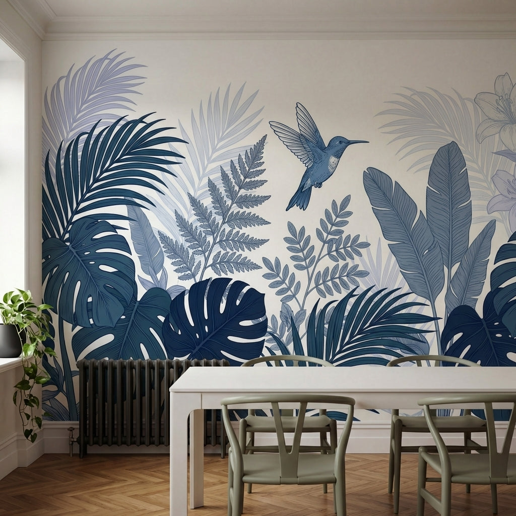 papier peint panoramique tropical colibri feuilles palmier bananier tons bleu ca-1