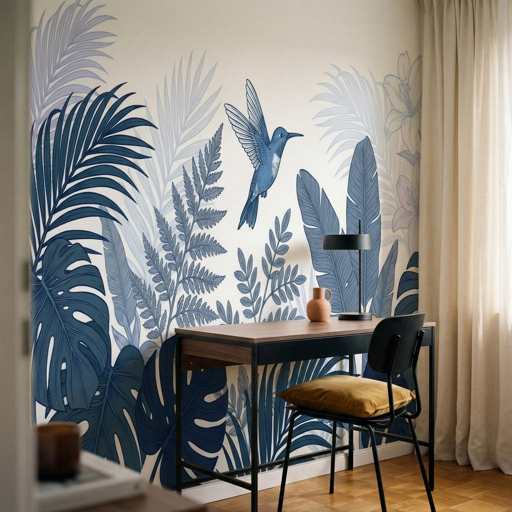 papier peint panoramique tropical colibri feuilles palmier bananier tons bleu ca-10