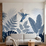 papier peint panoramique tropical colibri feuilles palmier bananier tons bleu ca-2