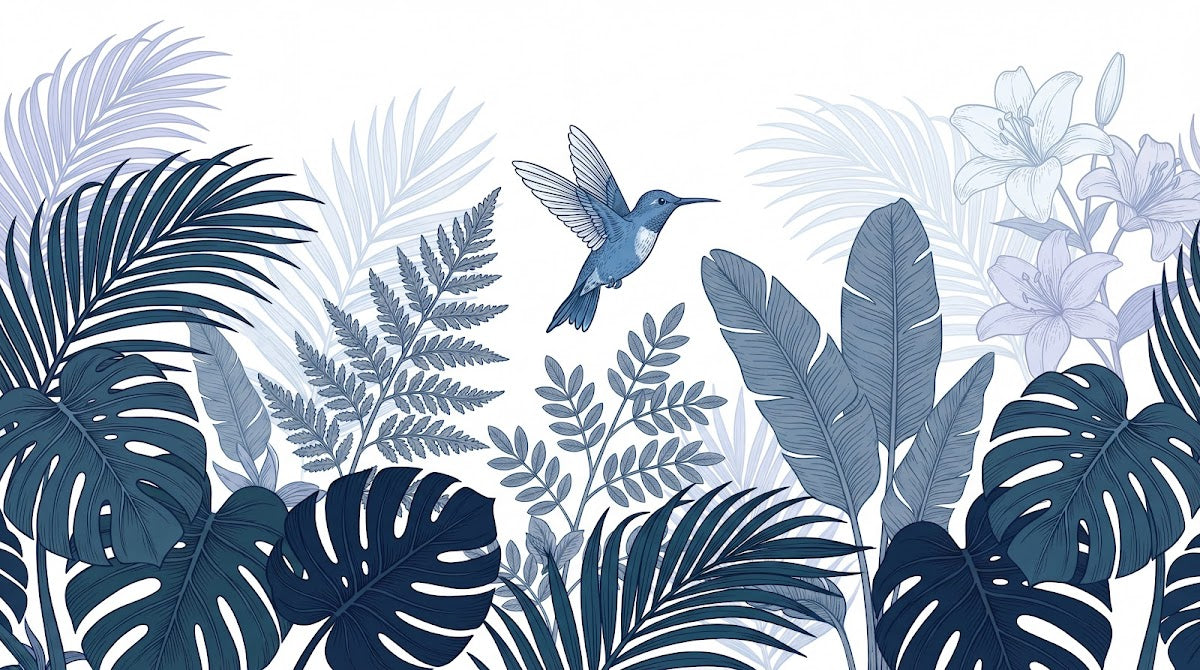 Papier peint panoramique tropical - Colibri feuilles palmier bananier tons bleu canard et blanc crème sur mesure - Design