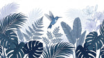 Papier peint panoramique tropical - Colibri feuilles palmier bananier tons bleu canard et blanc crème sur mesure - Design