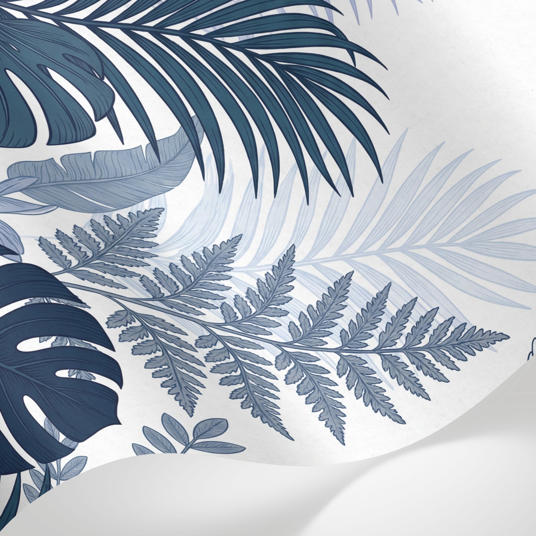 Papier peint panoramique tropical - Colibri feuilles palmier bananier tons bleu canard et blanc crème sur mesure - Matière