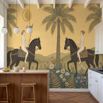 papier peint panoramique tropical femmes chevaux palmiers fleurs fond beige dore-1