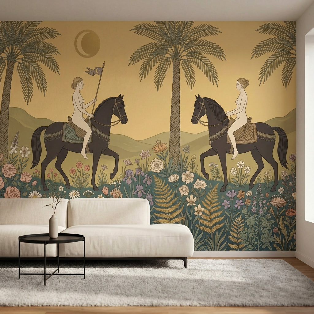 papier peint panoramique tropical femmes chevaux palmiers fleurs fond beige dore-3