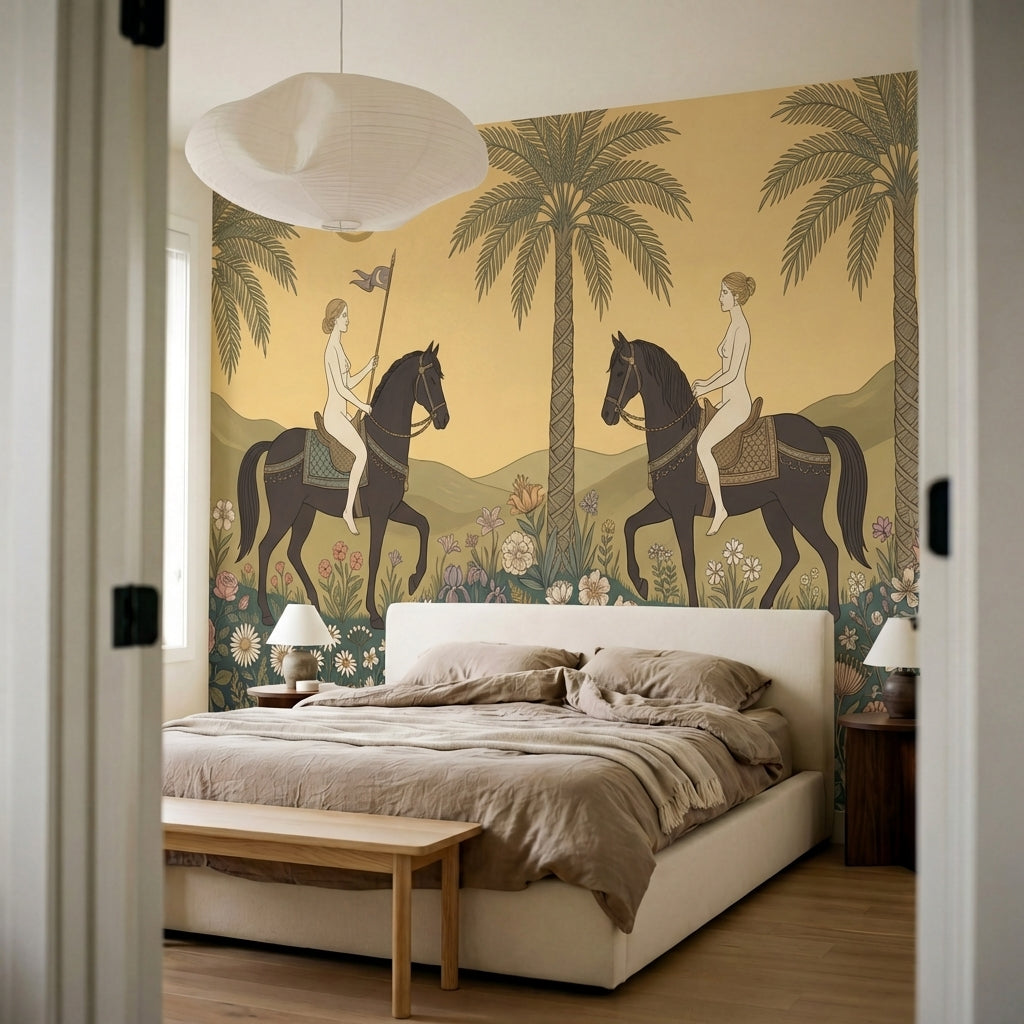 papier peint panoramique tropical femmes chevaux palmiers fleurs fond beige dore-6