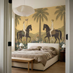papier peint panoramique tropical femmes chevaux palmiers fleurs fond beige dore-6