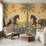 papier peint panoramique tropical femmes chevaux palmiers fleurs fond beige dore-VARIANTE-9