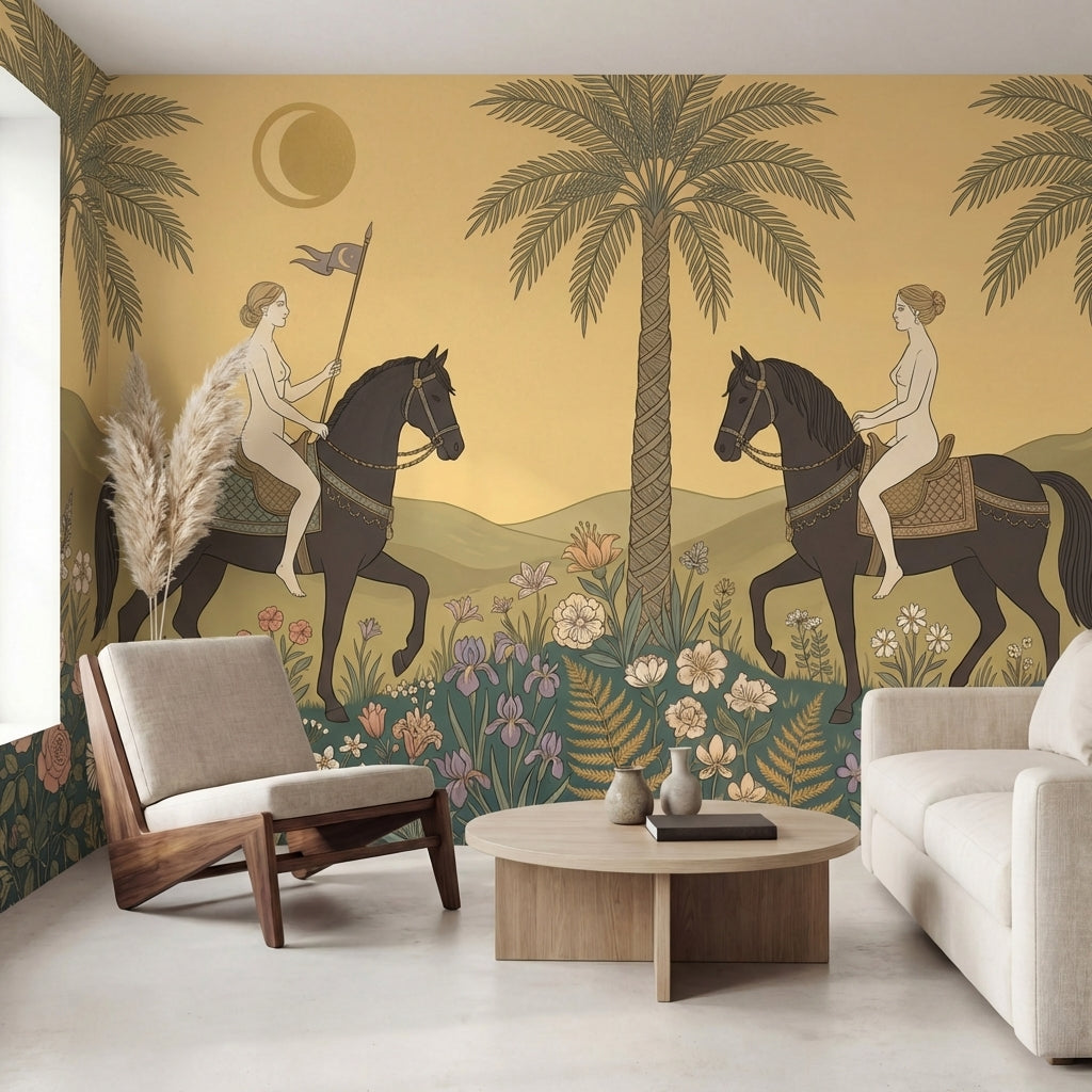 papier peint panoramique tropical femmes chevaux palmiers fleurs fond beige dore-VARIANTE-9