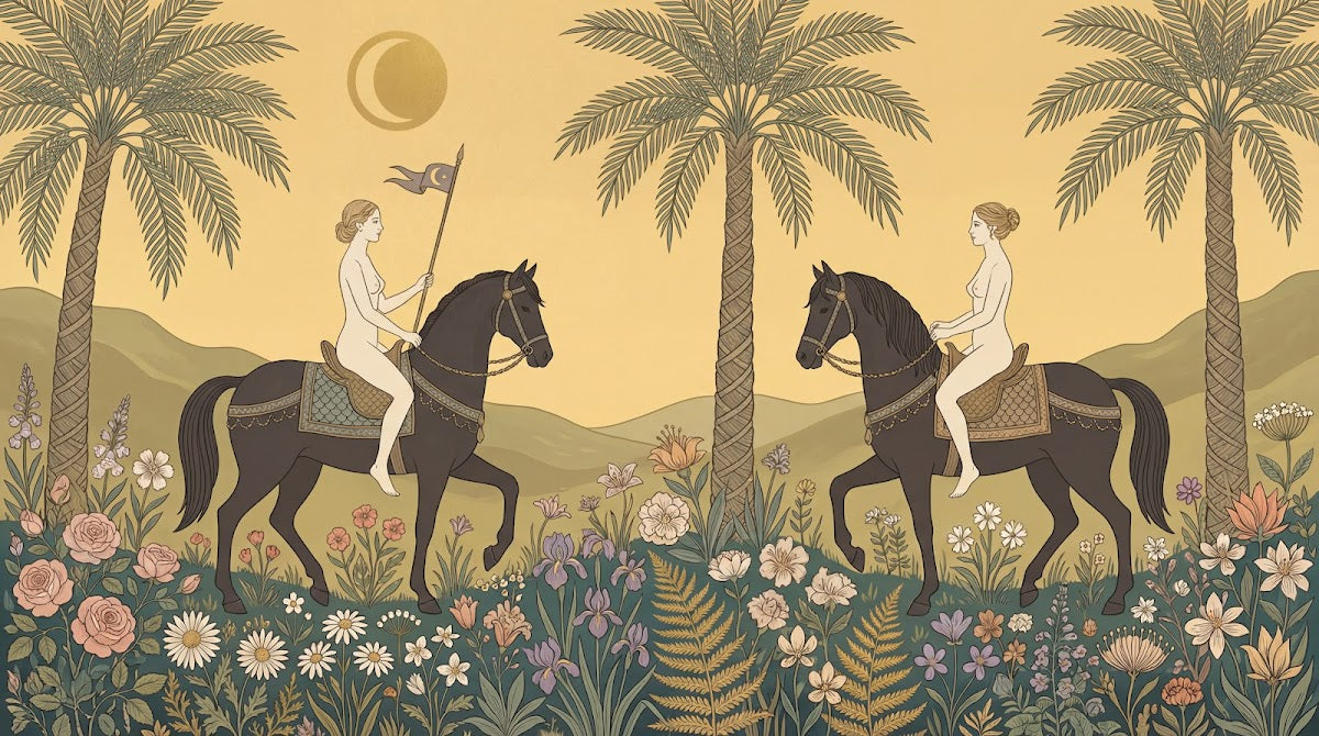 Papier peint panoramique tropical - Femmes chevaux palmiers fleurs fond beige doré et vert sur mesure - Design