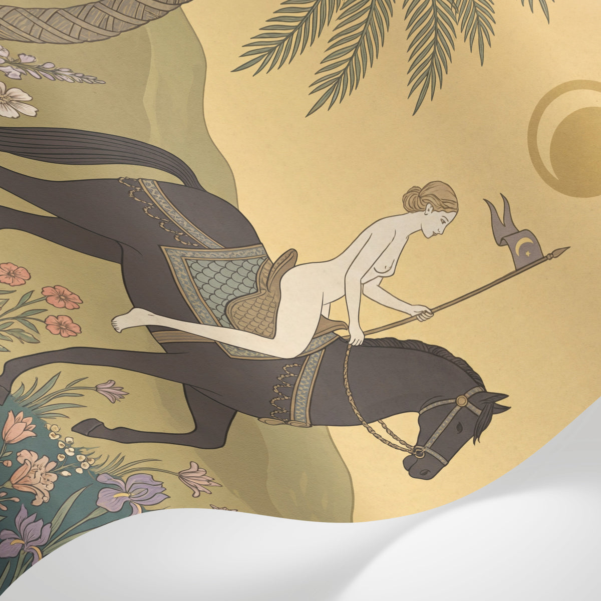 Papier peint panoramique tropical - Femmes chevaux palmiers fleurs fond beige doré et vert sur mesure - Matière