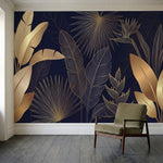 papier peint panoramique tropical feuillage palmier bananier lignes dorees fond -1