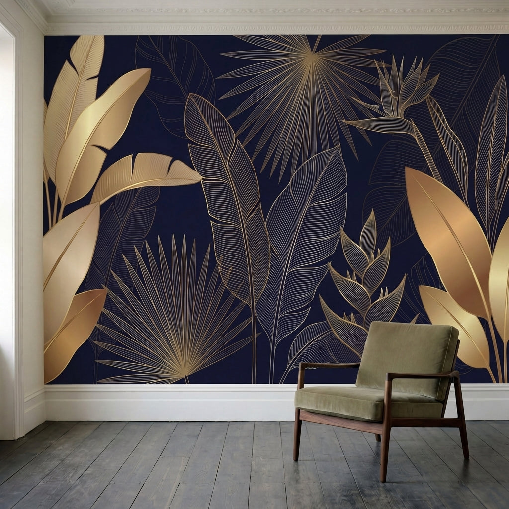 papier peint panoramique tropical feuillage palmier bananier lignes dorees fond -1
