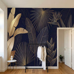 papier peint panoramique tropical feuillage palmier bananier lignes dorees fond -2