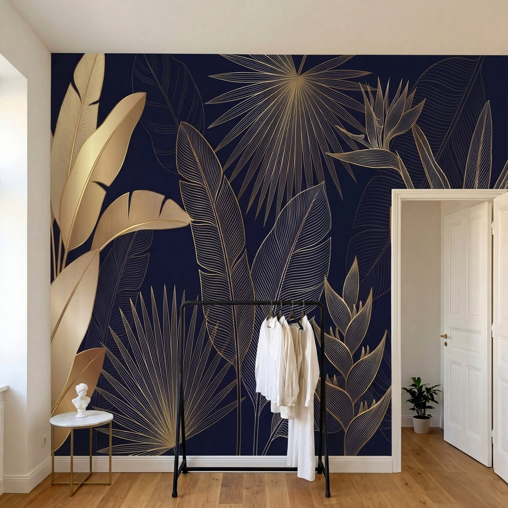 papier peint panoramique tropical feuillage palmier bananier lignes dorees fond -2