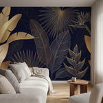papier peint panoramique tropical feuillage palmier bananier lignes dorees fond -6