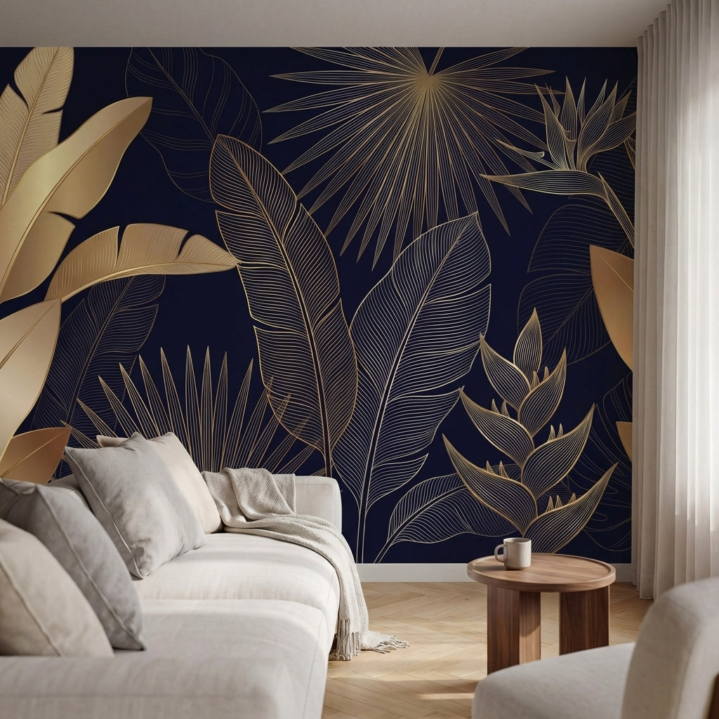papier peint panoramique tropical feuillage palmier bananier lignes dorees fond -6