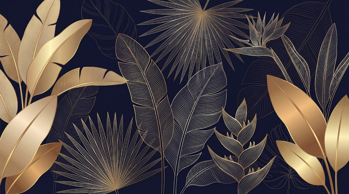 Papier peint panoramique tropical - Feuillage palmier bananier lignes dorées fond bleu nuit profond sur mesure - Design