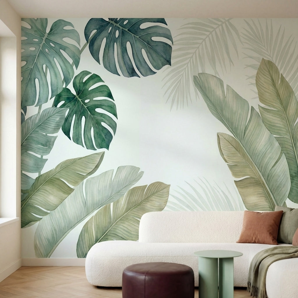 papier peint panoramique tropical feuilles monstera bananier palmier tons vert s-1