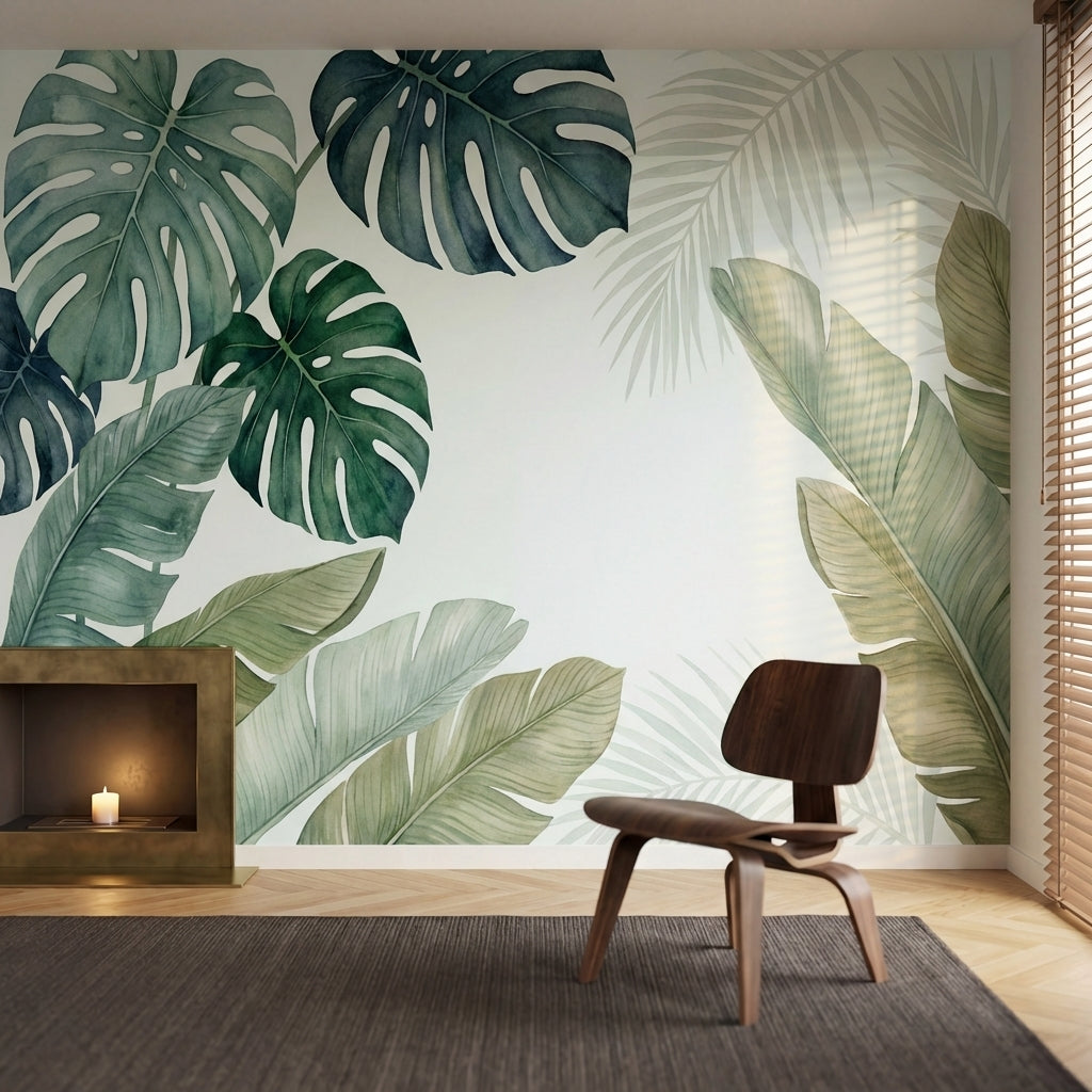 papier peint panoramique tropical feuilles monstera bananier palmier tons vert s-1