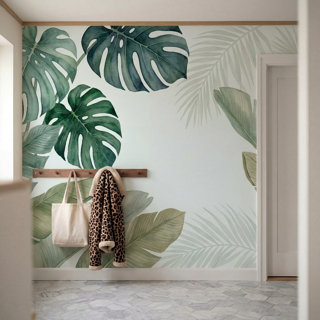 papier peint panoramique tropical feuilles monstera bananier palmier tons vert s-6