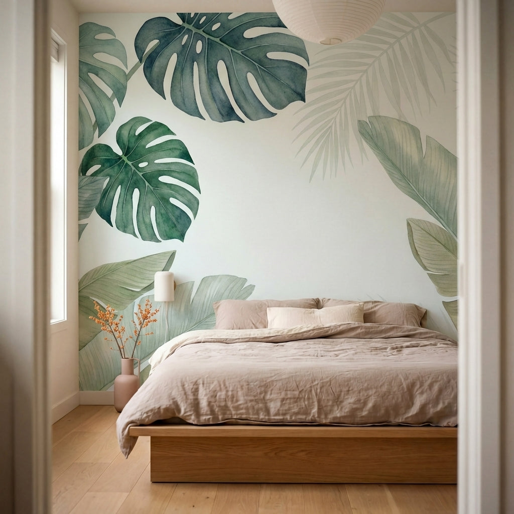 papier peint panoramique tropical feuilles monstera bananier palmier tons vert s-7
