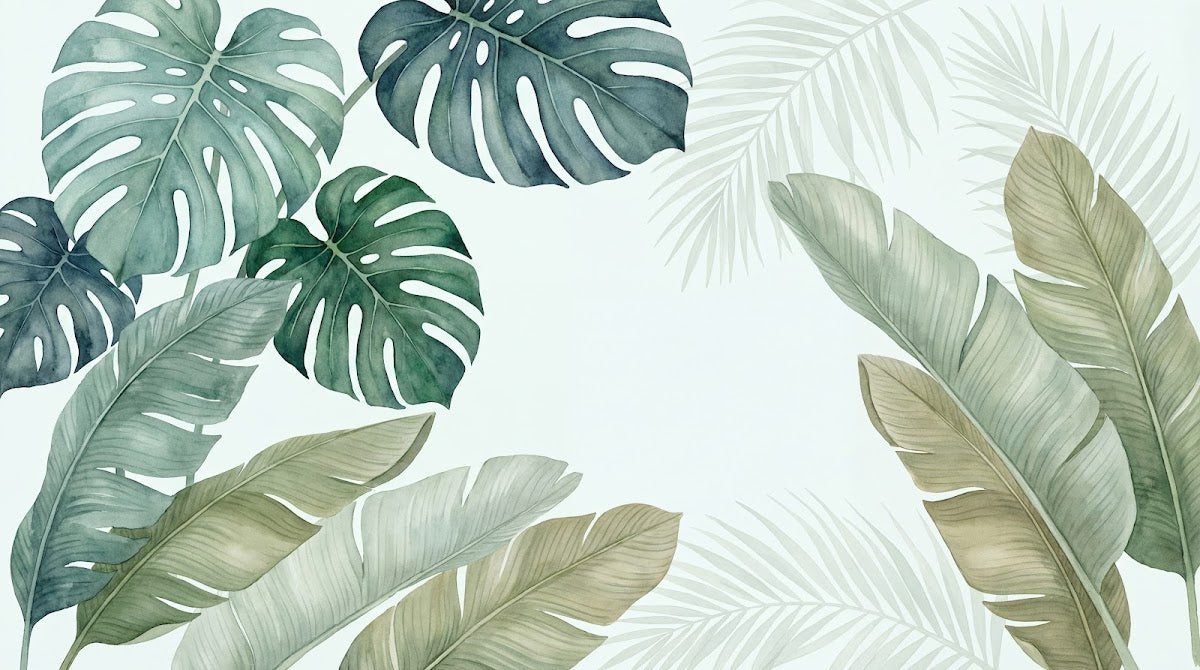 Papier peint panoramique tropical - Feuilles monstera bananier palmier tons vert sauge beige sur fond blanc sur mesure - Design