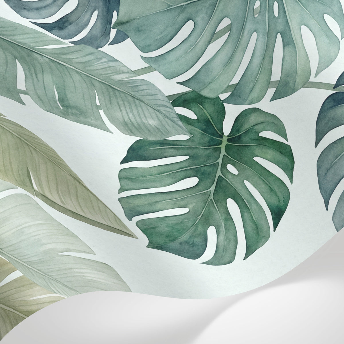 Papier peint panoramique tropical - Feuilles monstera bananier palmier tons vert sauge beige sur fond blanc sur mesure - Matière