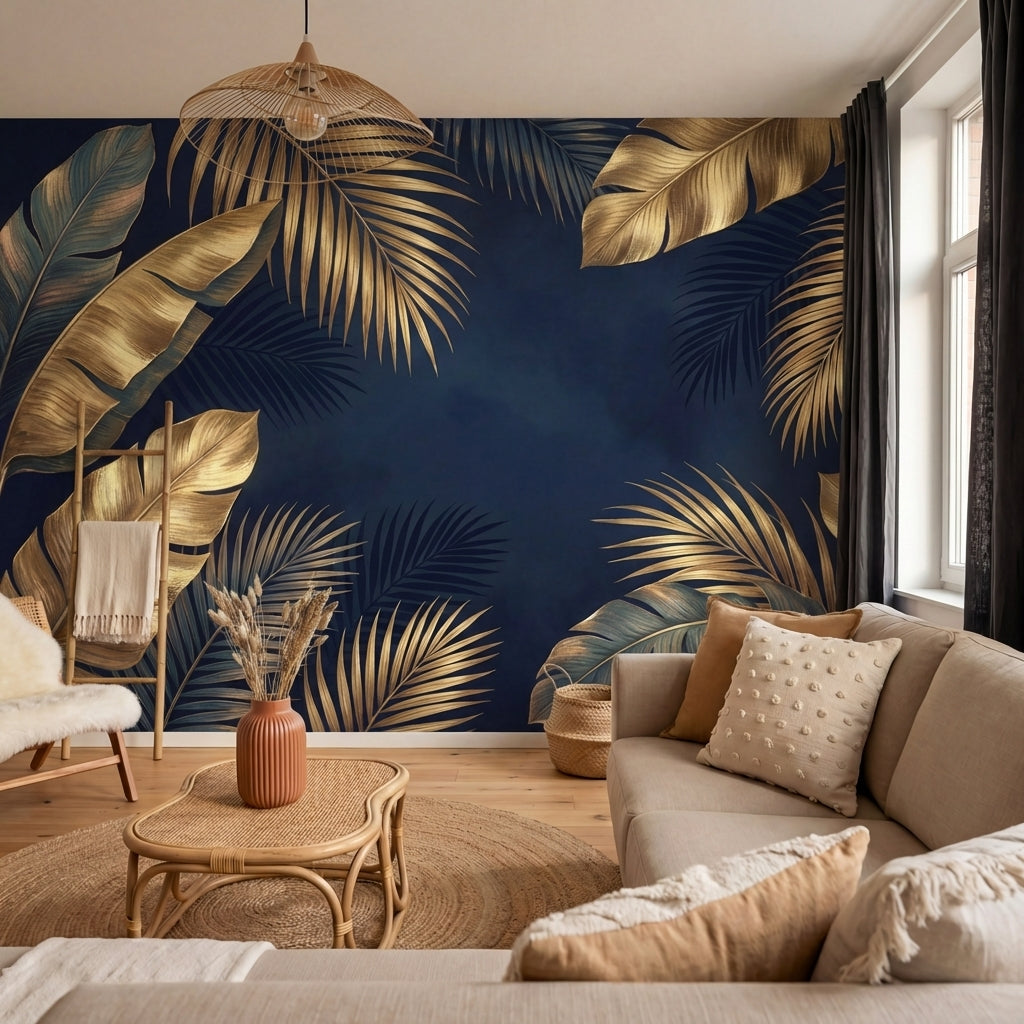 papier peint panoramique tropical feuilles palmier bananier superposees tons dor-10