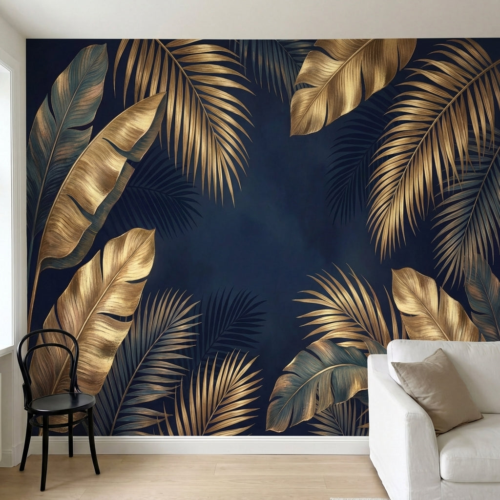 papier peint panoramique tropical feuilles palmier bananier superposees tons dor-2