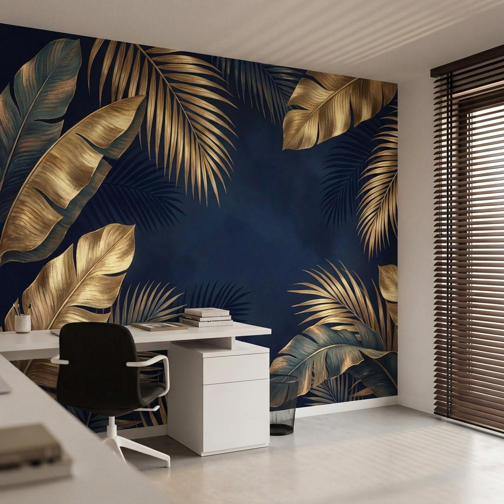 papier peint panoramique tropical feuilles palmier bananier superposees tons dor-6