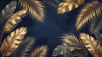 Papier peint panoramique tropical - Feuilles palmier bananier superposées tons doré cuivré fond bleu nuit sur mesure - Design