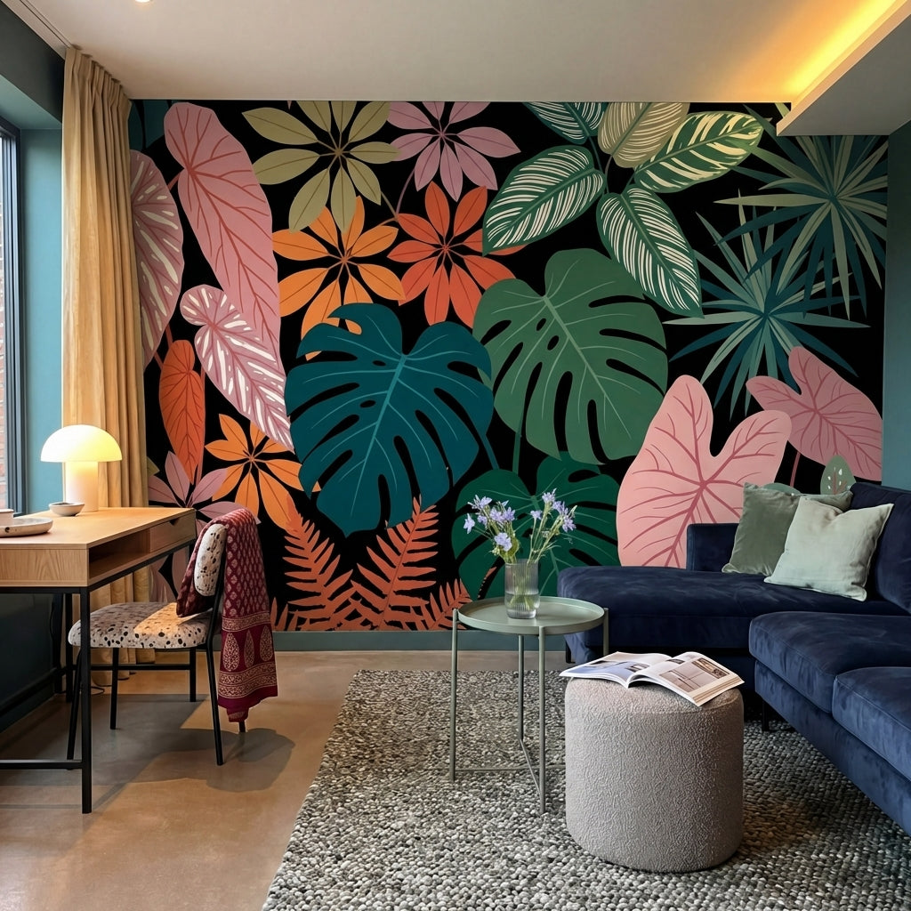 papier peint panoramique tropical feuilles palmier monstera plumeria tons coral -7