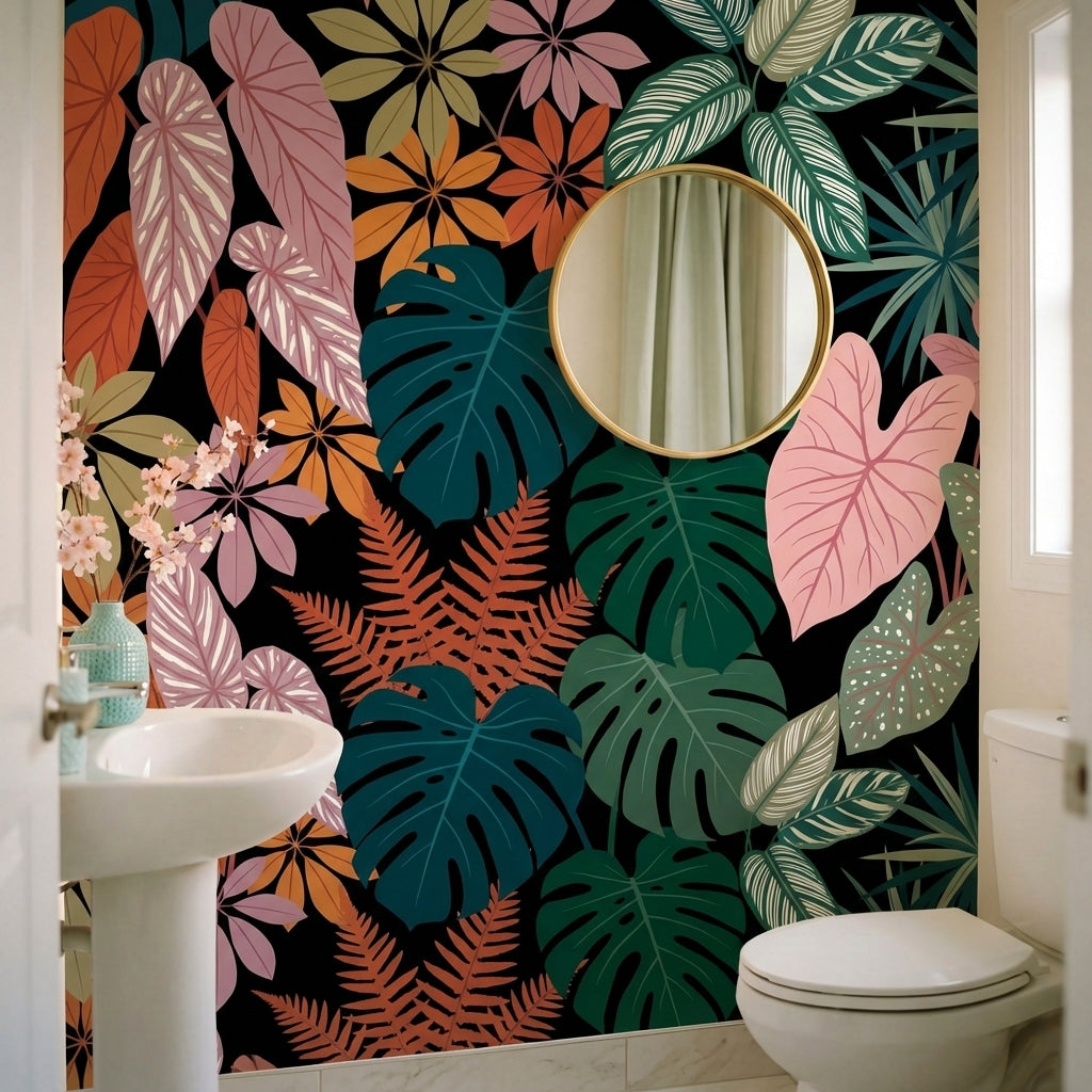 papier peint panoramique tropical feuilles palmier monstera plumeria tons coral -8