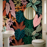 papier peint panoramique tropical feuilles palmier monstera plumeria tons coral -8