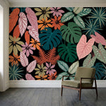 papier peint panoramique tropical feuilles palmier monstera plumeria tons coral -HERO-10