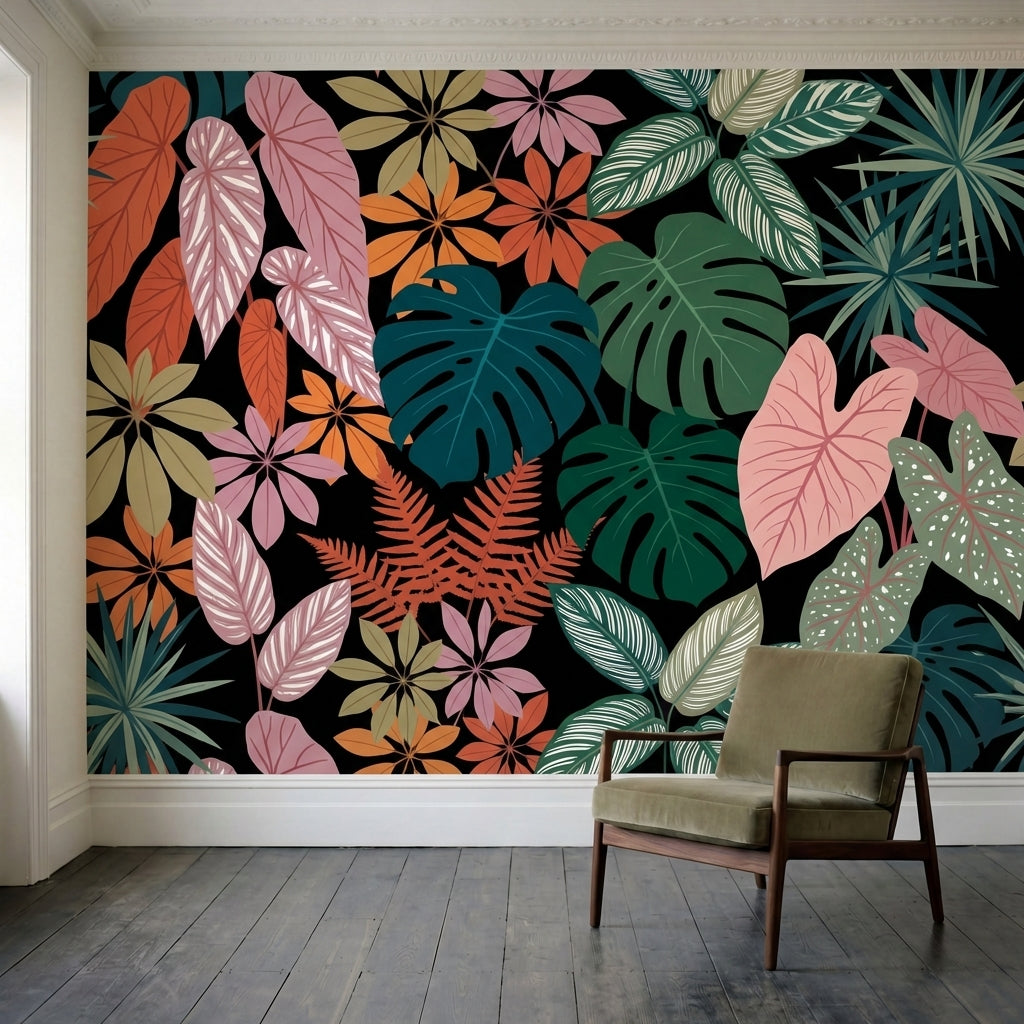 papier peint panoramique tropical feuilles palmier monstera plumeria tons coral -HERO-10
