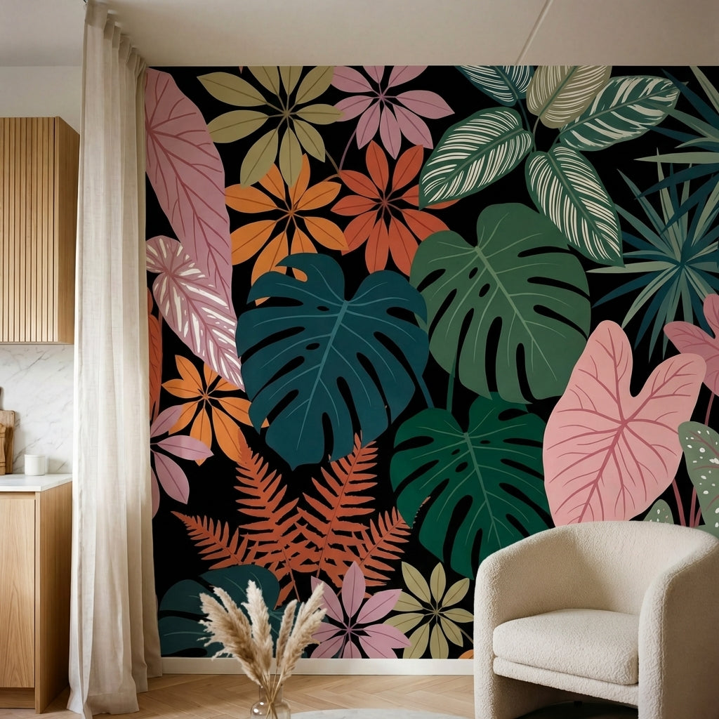 papier peint panoramique tropical feuilles palmier monstera plumeria tons coral -HERO-8