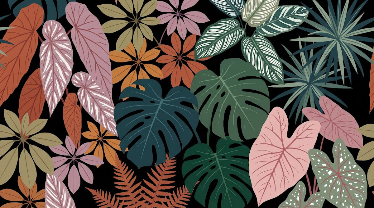 Papier peint panoramique tropical - Feuilles palmier monstera plumeria tons coral rose et vert émeraude fond noir sur mesure - Design