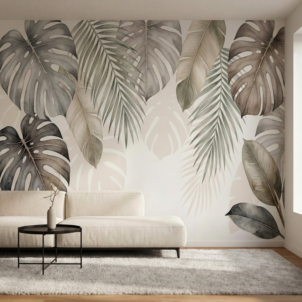 papier peint panoramique tropical feuilles palmier monstera superposees tons bei-1
