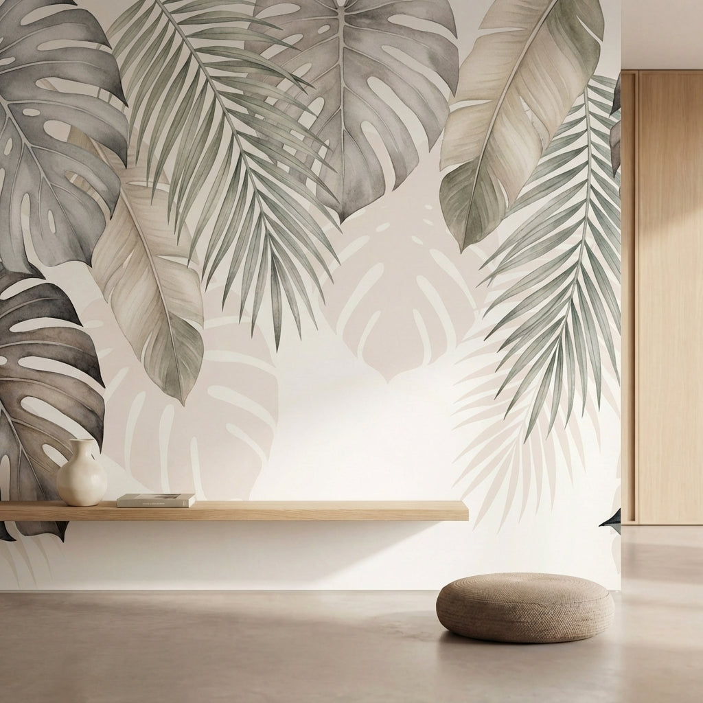 papier peint panoramique tropical feuilles palmier monstera superposees tons bei-2