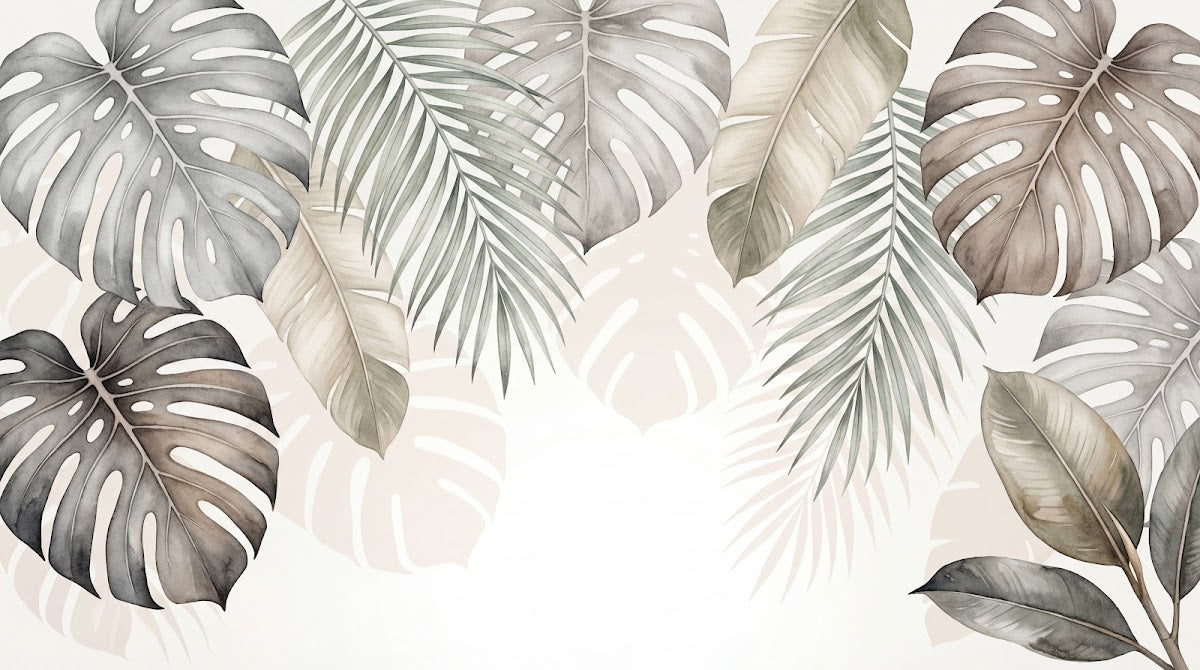 Papier peint panoramique tropical - Feuilles palmier monstera superposées tons beige taupe et gris clair sur mesure - Design