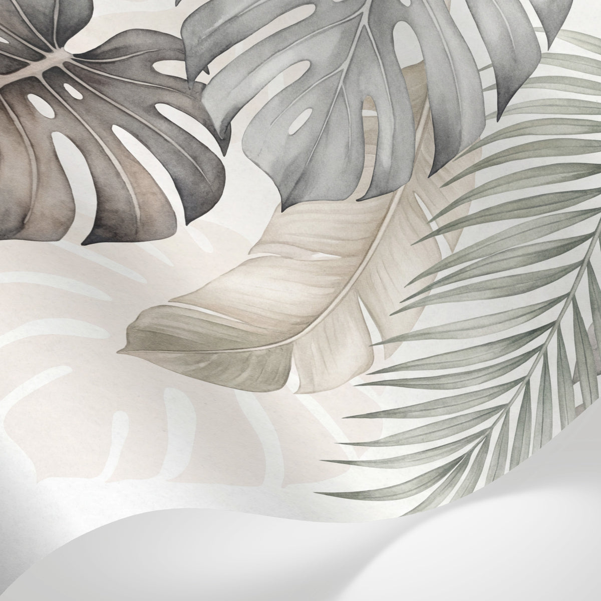 Papier peint panoramique tropical - Feuilles palmier monstera superposées tons beige taupe et gris clair sur mesure - Matière