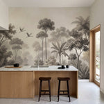 papier peint panoramique tropical foret jungle grues volantes feuillage palmiers-1