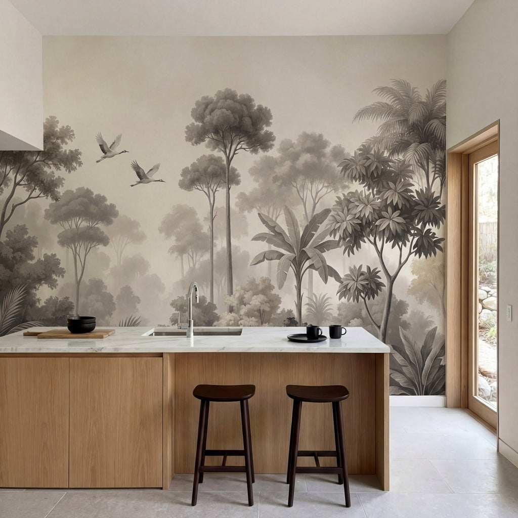 papier peint panoramique tropical foret jungle grues volantes feuillage palmiers-1