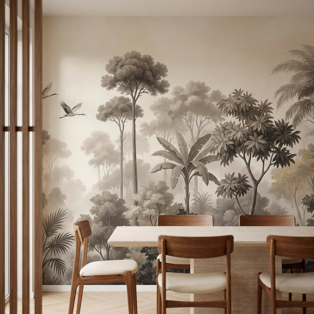 papier peint panoramique tropical foret jungle grues volantes feuillage palmiers-2