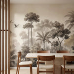 papier peint panoramique tropical foret jungle grues volantes feuillage palmiers-2