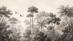 Papier peint panoramique tropical - Forêt jungle grues volantes feuillage palmiers tons beige et gris sur mesure - Design