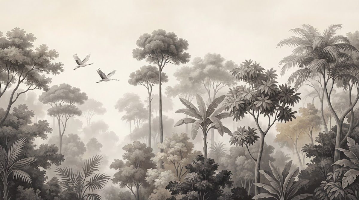 Papier peint panoramique tropical - Forêt jungle grues volantes feuillage palmiers tons beige et gris sur mesure - Design