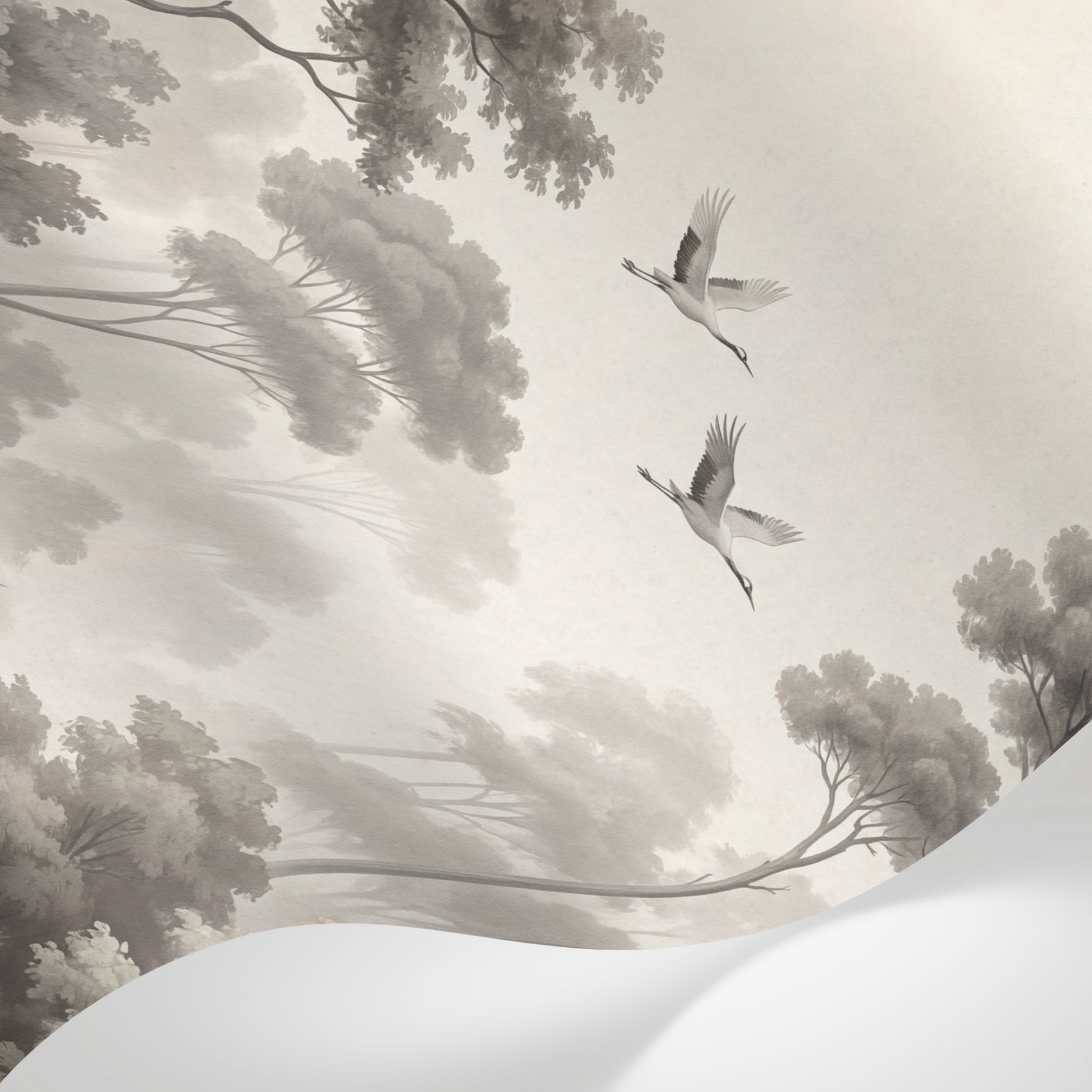 Papier peint panoramique tropical - Forêt jungle grues volantes feuillage palmiers tons beige et gris sur mesure - Matière