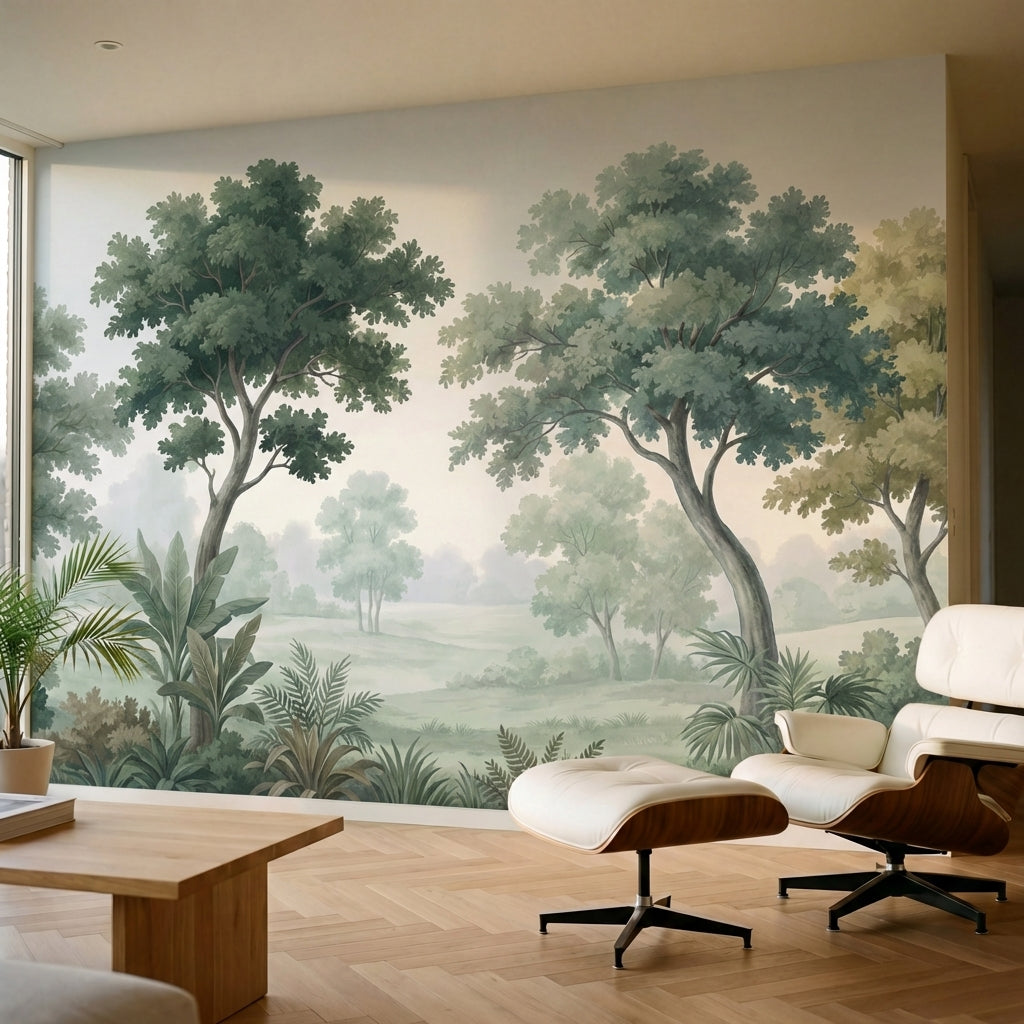 papier peint panoramique tropical foret verdoyante arbres feuillage dense tons v-HERO-10